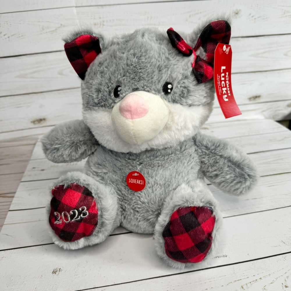 PetSmart Large 10" Plush Pet Toy Squeaker Gray Red‎ Plaid Bow 2023